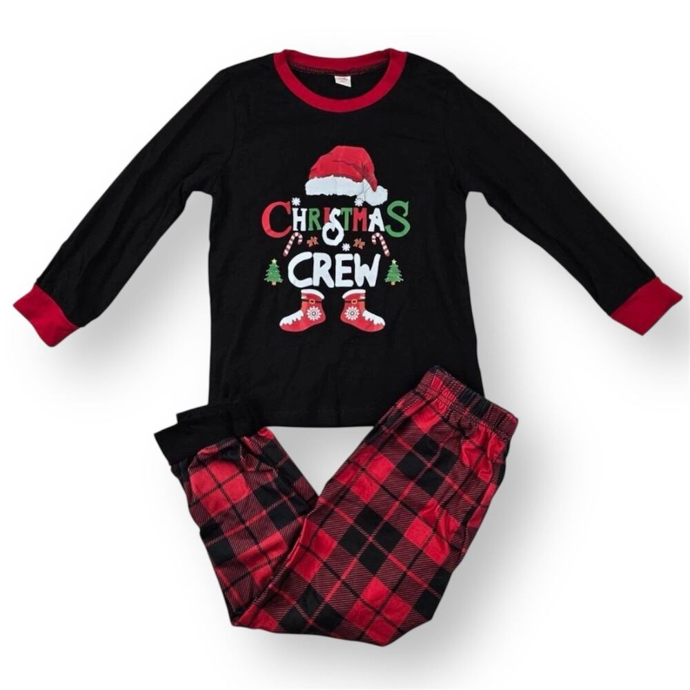 Christmas Crew Pajama 2pc Set Big Kids 14T Black Red Plaid Holiday Sleepwear PJs